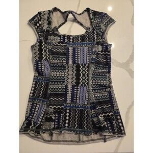 PrAna Yoga Top Womens Small Blue Geometric Tribal Print Open Back Cap Sleeve